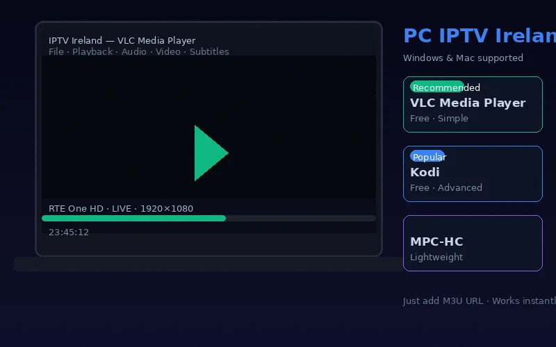 Windows PC IPTV Ireland setup showing VLC Media Player open with IPTV Ireland M3U playlist loaded displaying Premier League live stream on laptop screen
